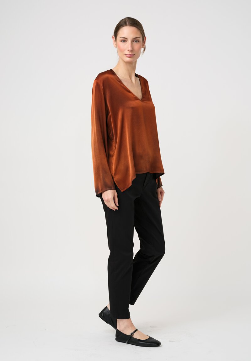 Avant Toi Silk Hand-Painted V-Neck Barchetta Top in Nero & Ambra Orange