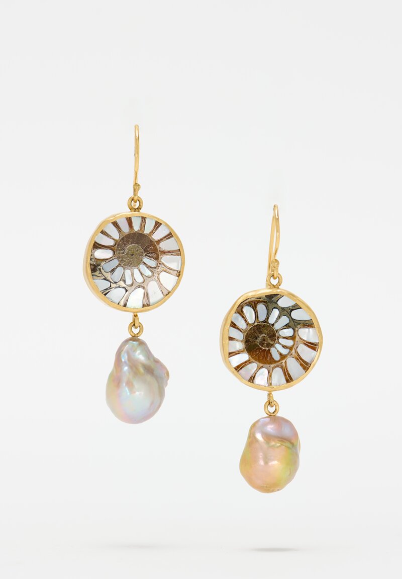 Margery Hirschey 18k, Fossilized Ammonite, Mother of Pearl & Freshwater Pearl Earrings	