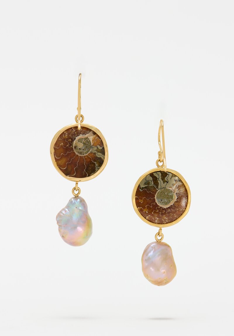 Margery Hirschey 18k, Fossilized Ammonite, Mother of Pearl & Freshwater Pearl Earrings	