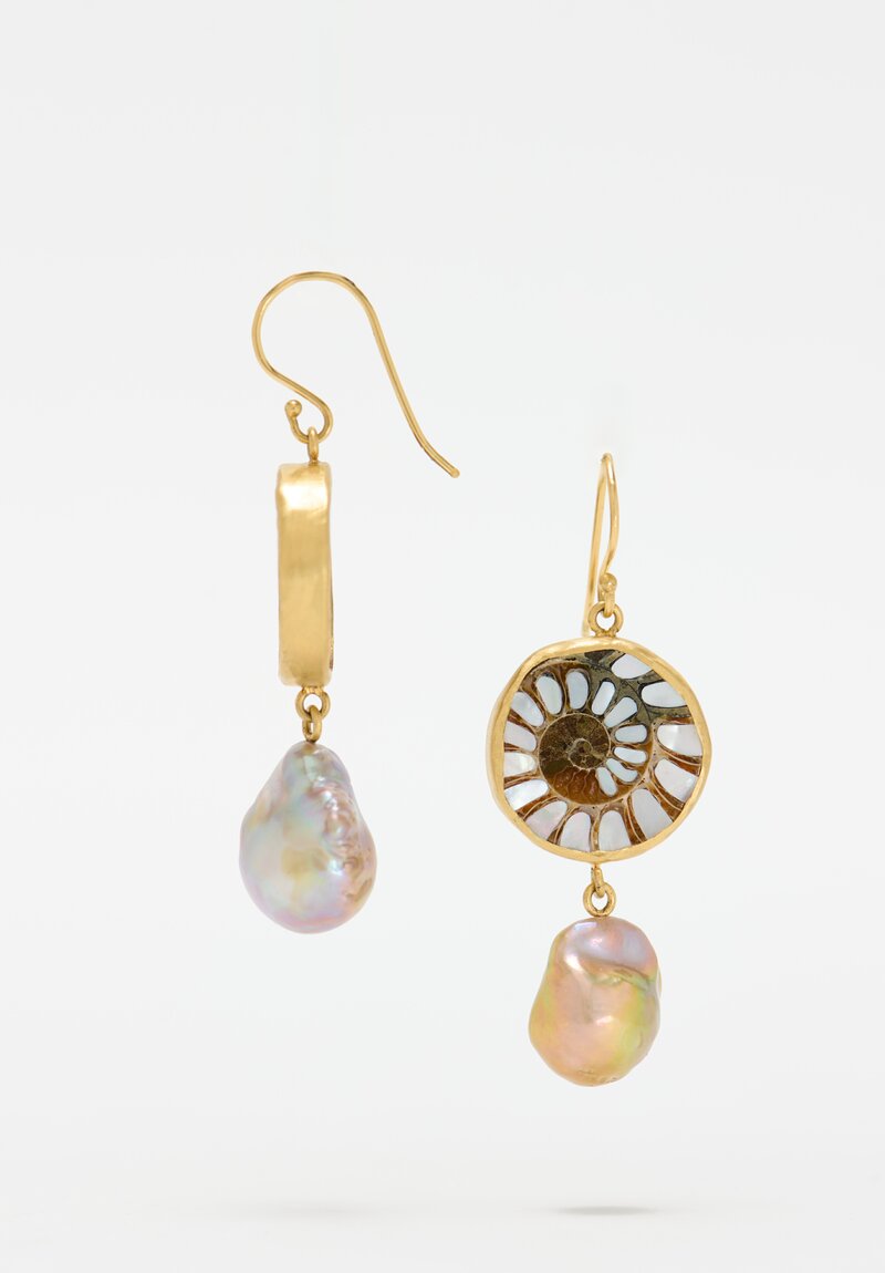 Margery Hirschey 18k, Fossilized Ammonite, Mother of Pearl & Freshwater Pearl Earrings	