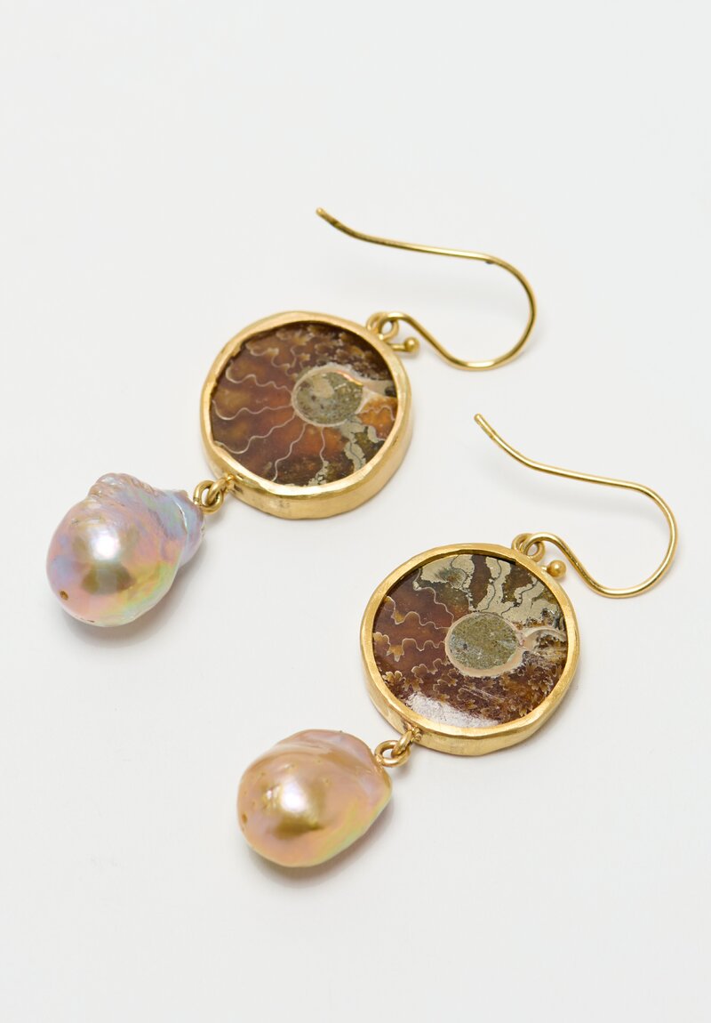 Margery Hirschey 18k, Fossilized Ammonite, Mother of Pearl & Freshwater Pearl Earrings	