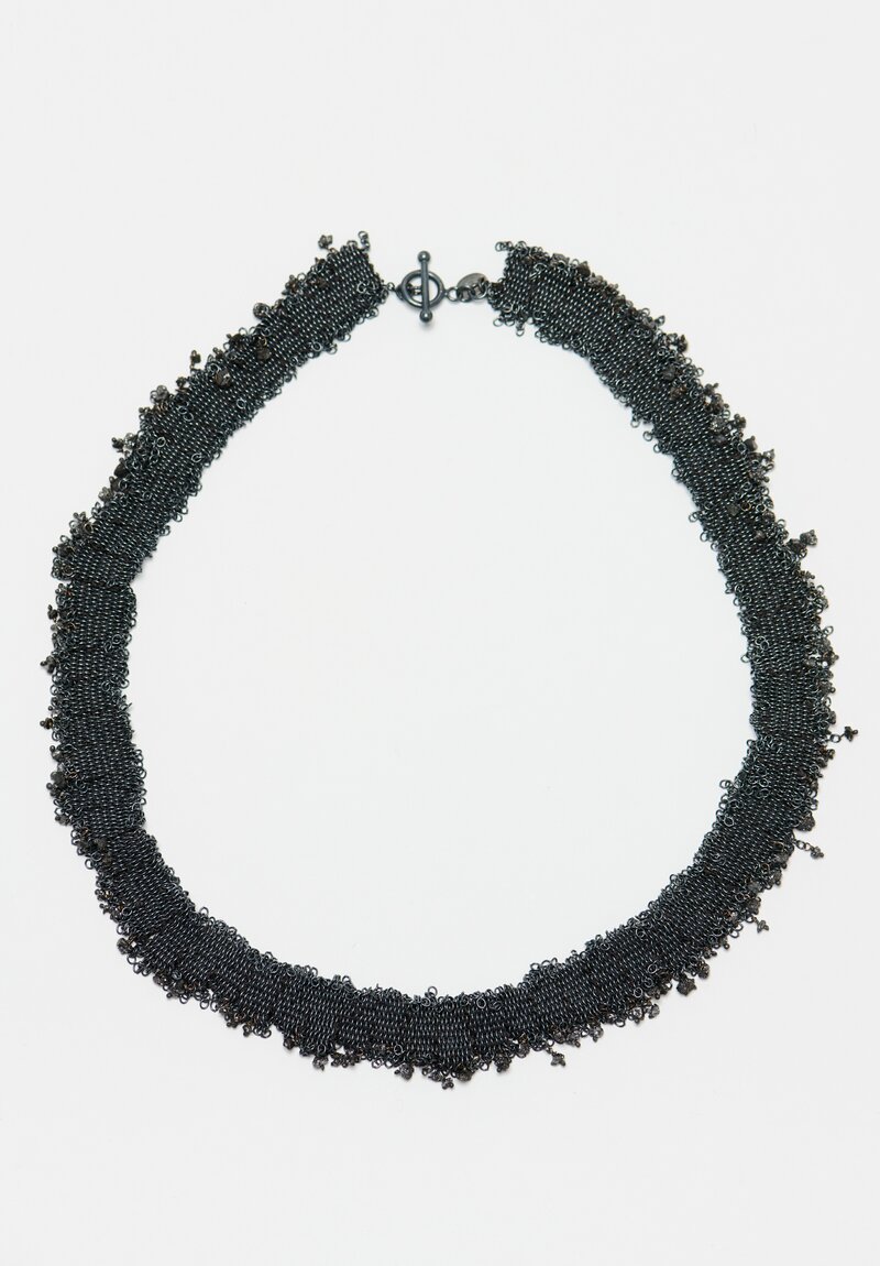 Stephanie Schneider 17 Handwoven Oxidized Silver, Silk & Raw Black Diamond Necklace	