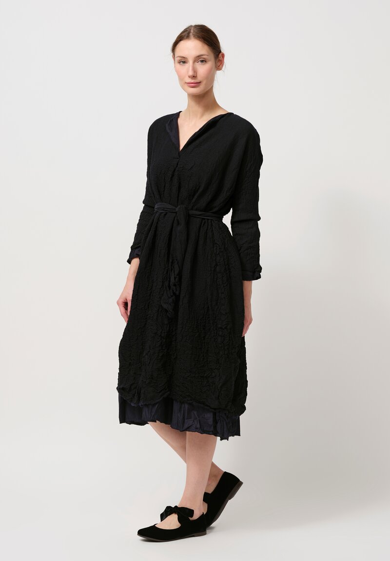 Daniela Gregis Washed Wool & Cotton Abito Venti Dress in Nero Navy Blue & Black	