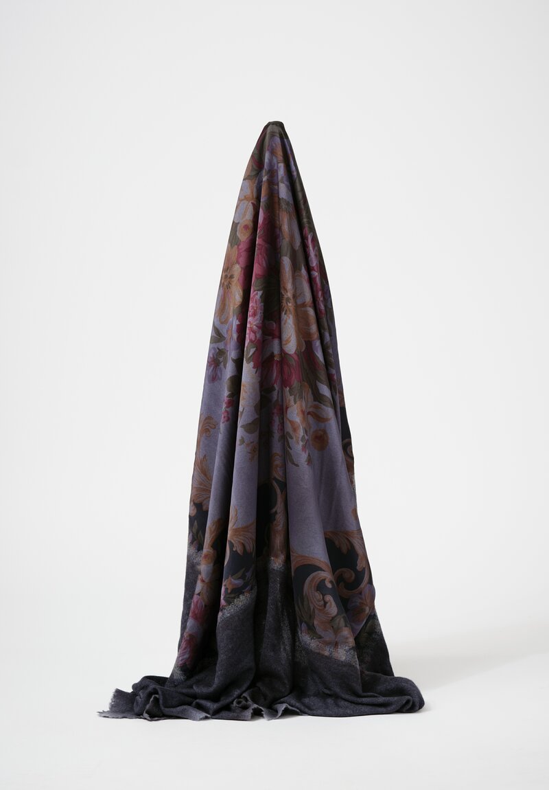 Avant Toi One-of-a-Kind Cashmere & Silk Quadrello Scarf in Titanium Blue Floral