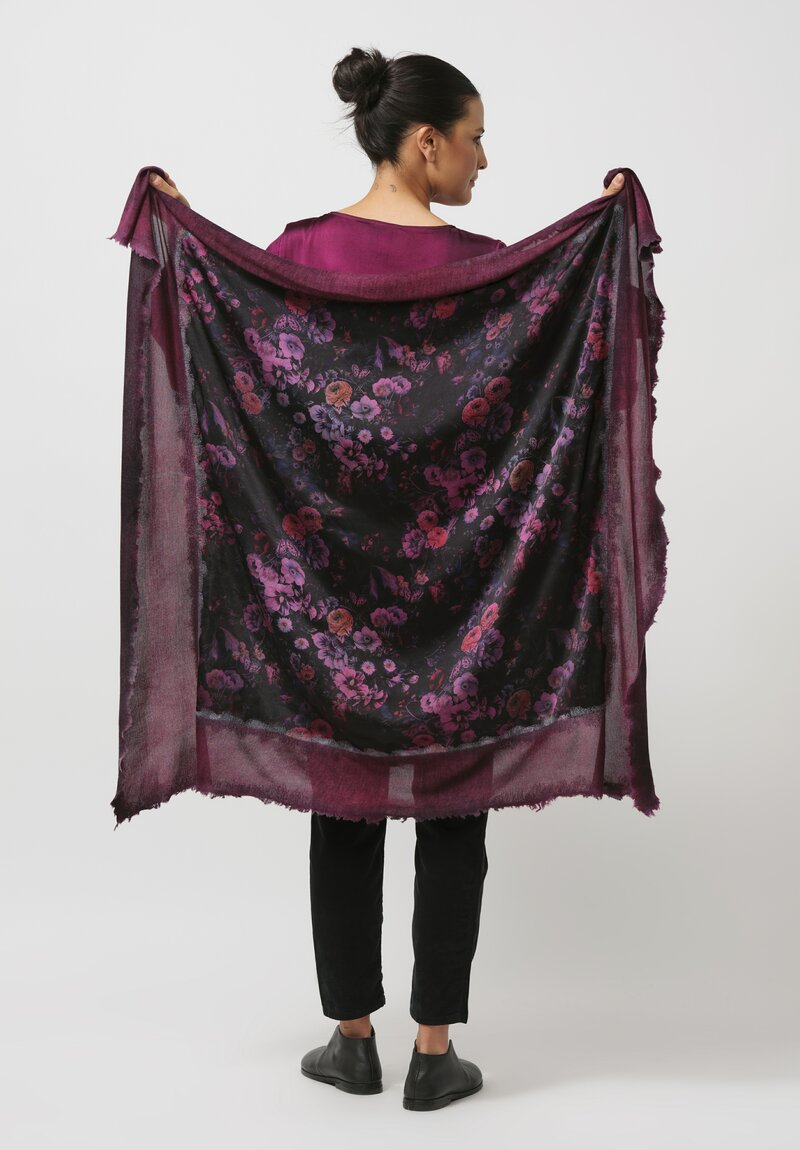 Avant Toi Cashmere & Silk Quadrello Dark Flowers Scarf in Nero Sichuan Purple	