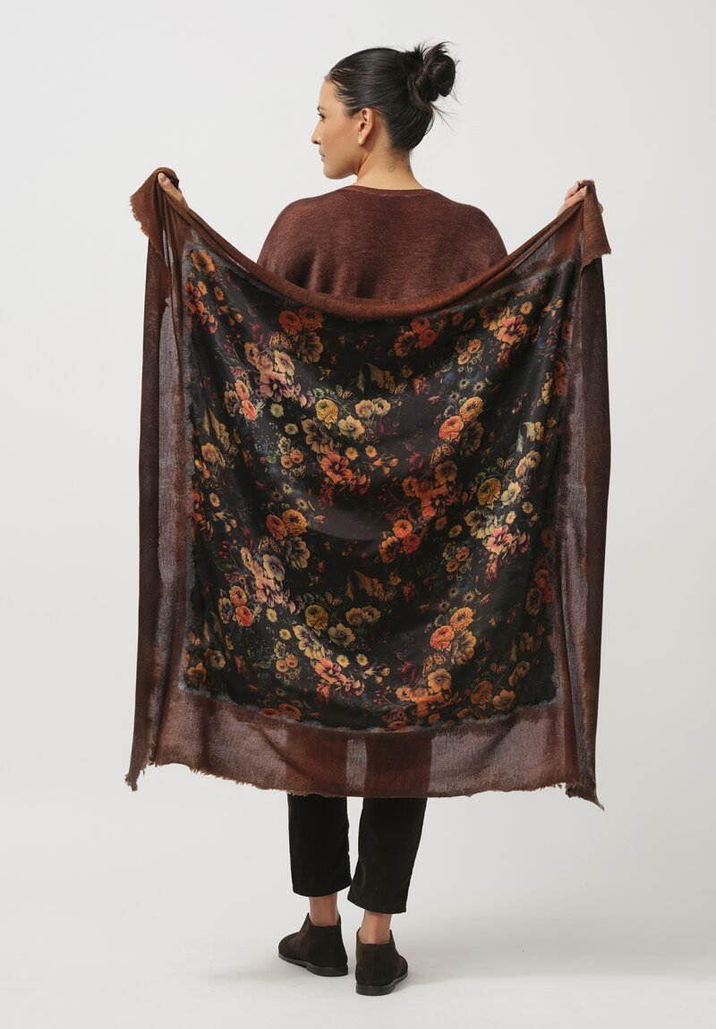 Avant Toi Cashmere & Silk Quadrello Dark Flowers Scarf in Nero Ambra Brown	