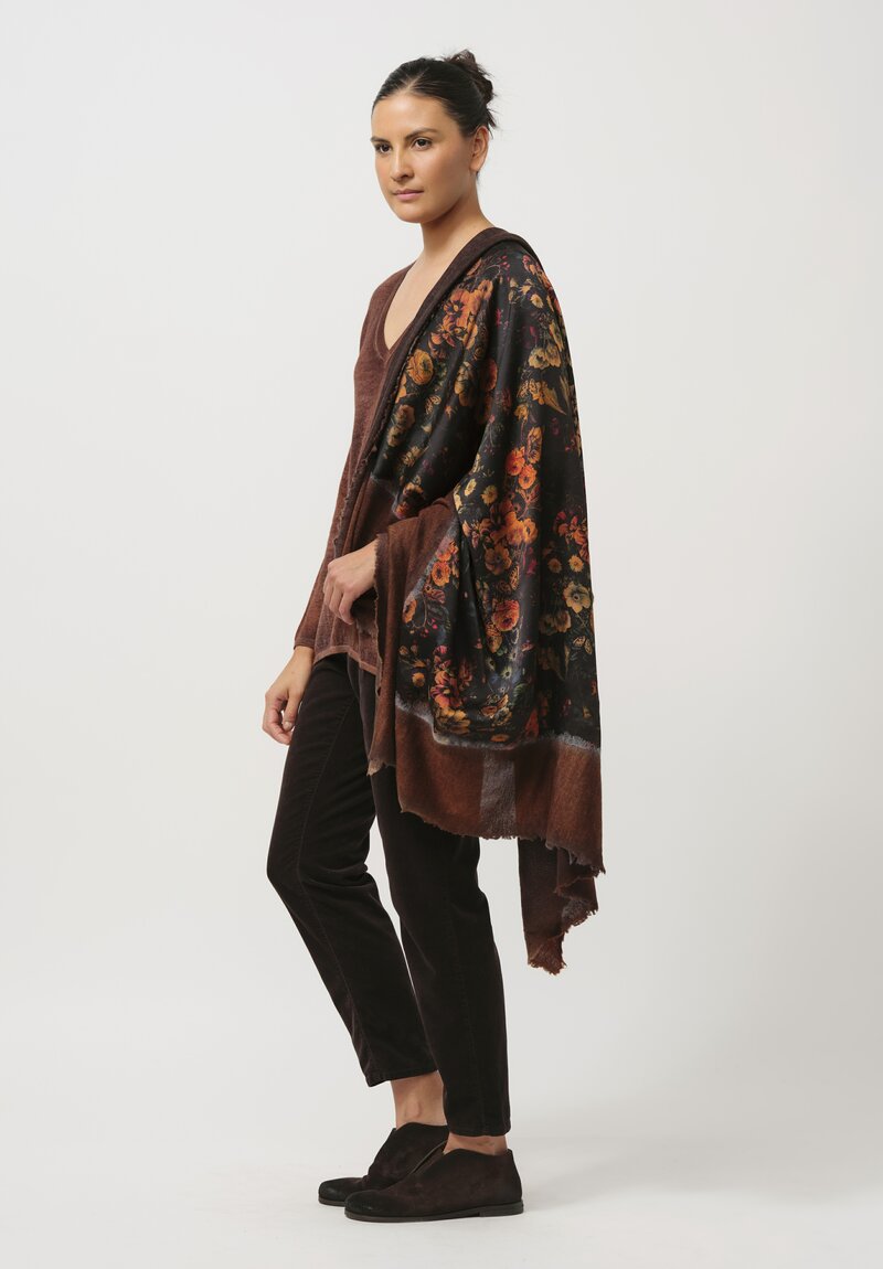 Avant Toi Cashmere & Silk Quadrello Dark Flowers Scarf in Nero Ambra Brown	