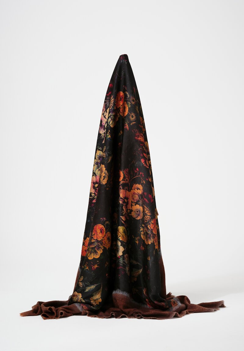 Avant Toi Cashmere & Silk Quadrello Dark Flowers Scarf in Nero Ambra Brown	