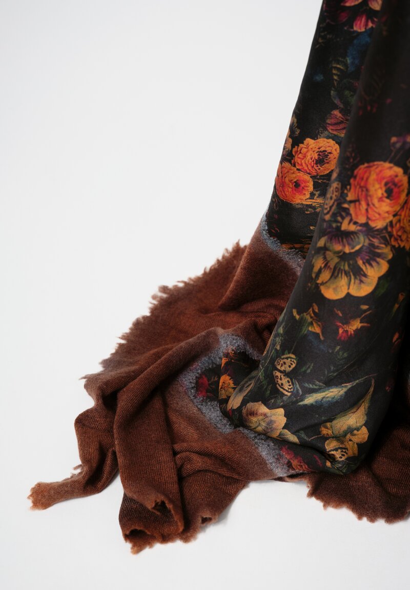 Avant Toi Cashmere & Silk Quadrello Dark Flowers Scarf in Nero Ambra Brown	