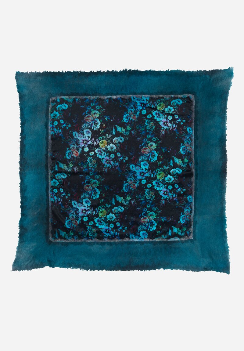 Avant Toi Cashmere & Silk Quadrello Dark Flowers Scarf in Nero Topazio Blue	