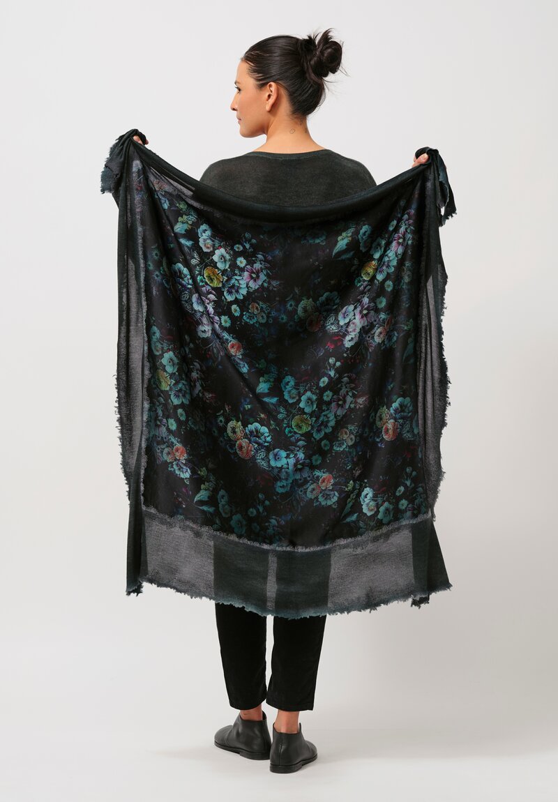 Avant Toi Cashmere & Silk Quadrello Dark Flowers Scarf in Nero Verderame Green	