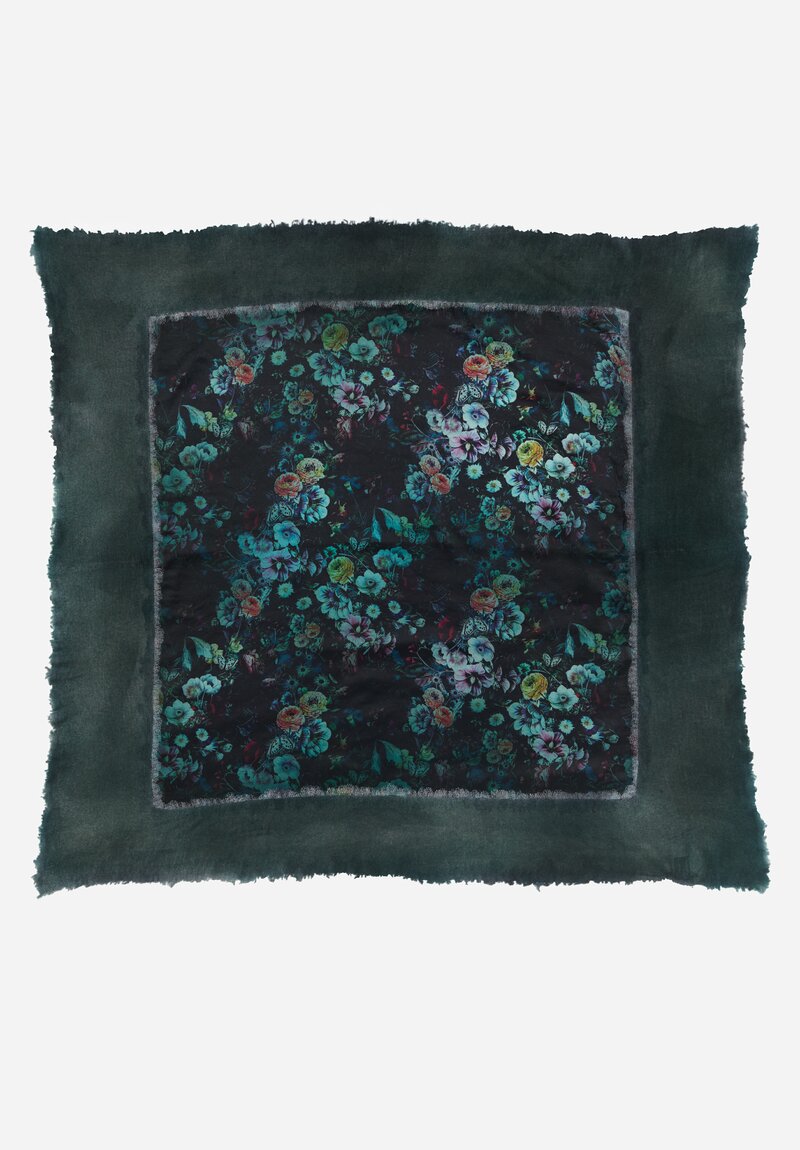 Avant Toi Cashmere & Silk Quadrello Dark Flowers Scarf in Nero Verderame Green	