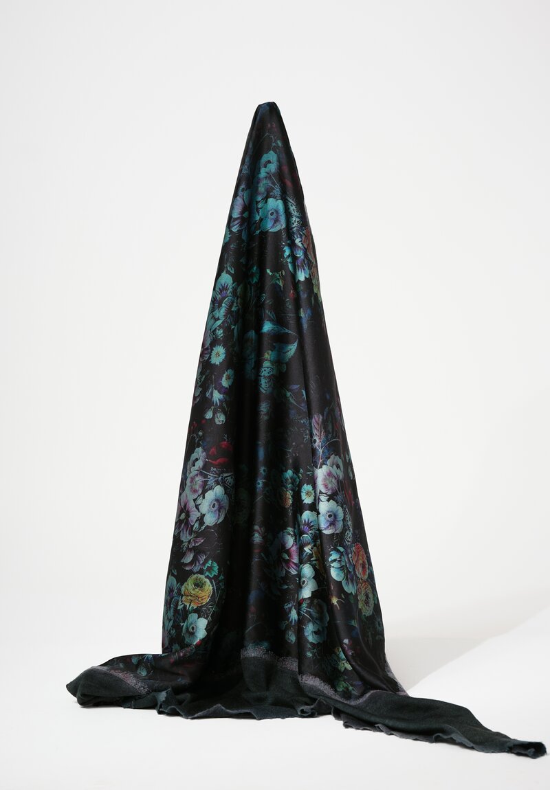 Avant Toi Cashmere & Silk Quadrello Dark Flowers Scarf in Nero Verderame Green	