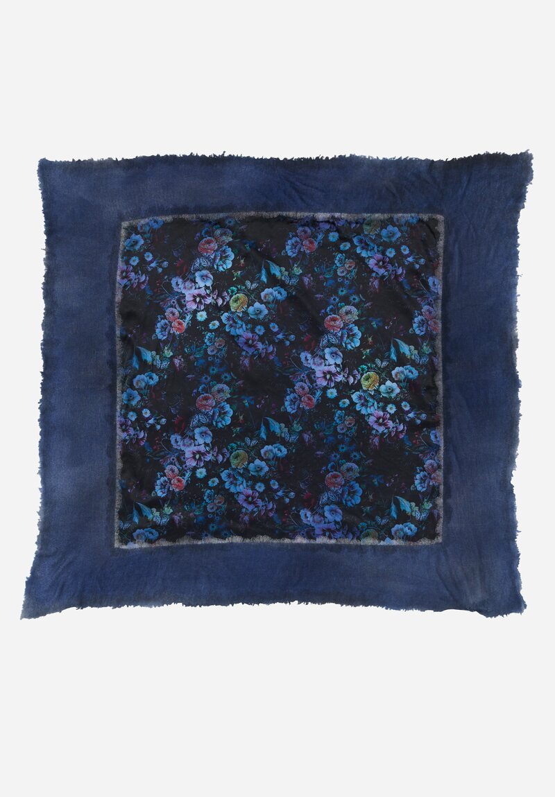 Avant Toi Cashmere & Silk Quadrello Dark Flowers Scarf in Nero Ginepro Blue	