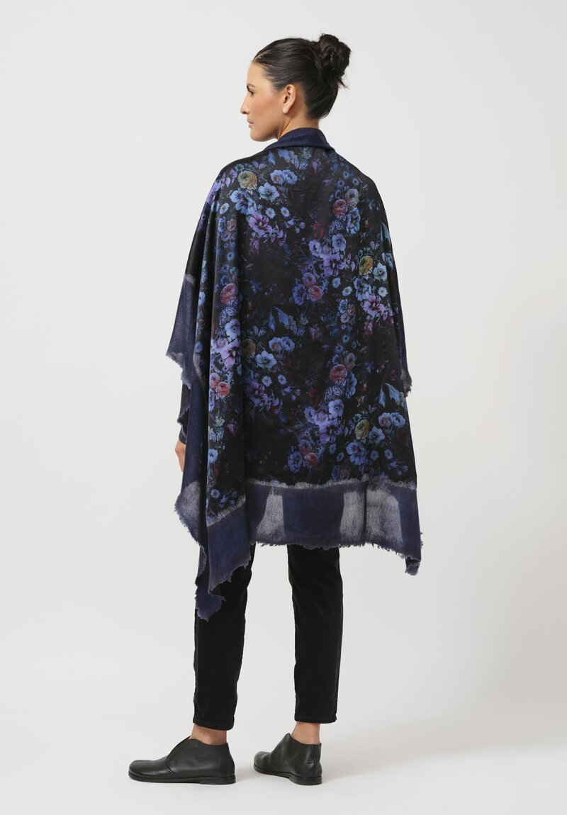 Avant Toi Cashmere & Silk Quadrello Dark Flowers Scarf in Nero Ginepro Blue	