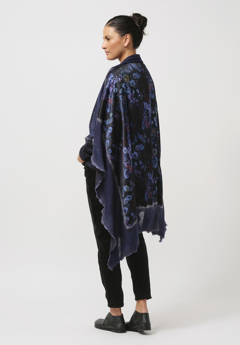 Avant Toi Cashmere & Silk Quadrello Dark Flowers Scarf in Nero Ginepro Blue	