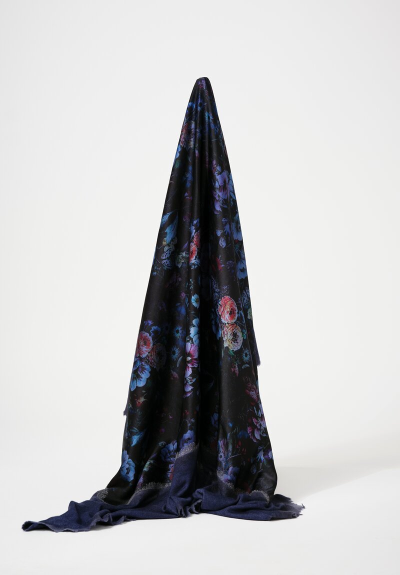 Avant Toi Cashmere & Silk Quadrello Dark Flowers Scarf in Nero Ginepro Blue	