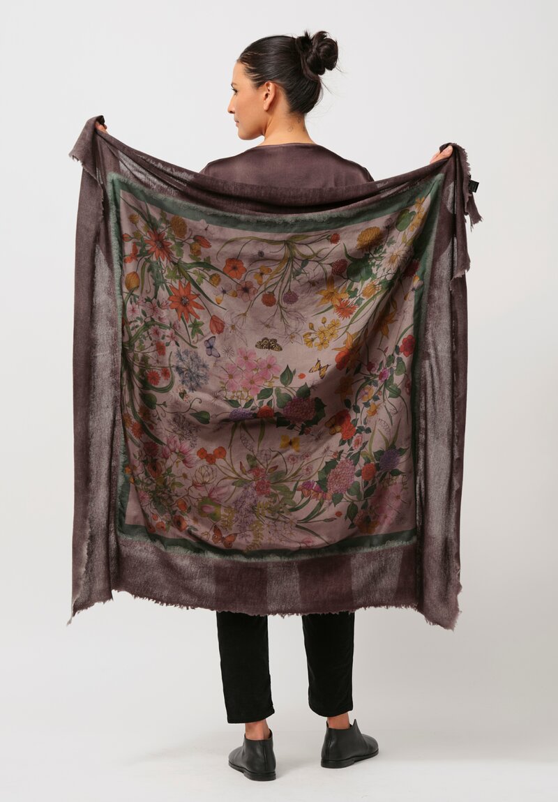 Avant Toi Cashmere & Silk Quadrello Fiore Farfalle Scarf in Nero Carruba Grey	