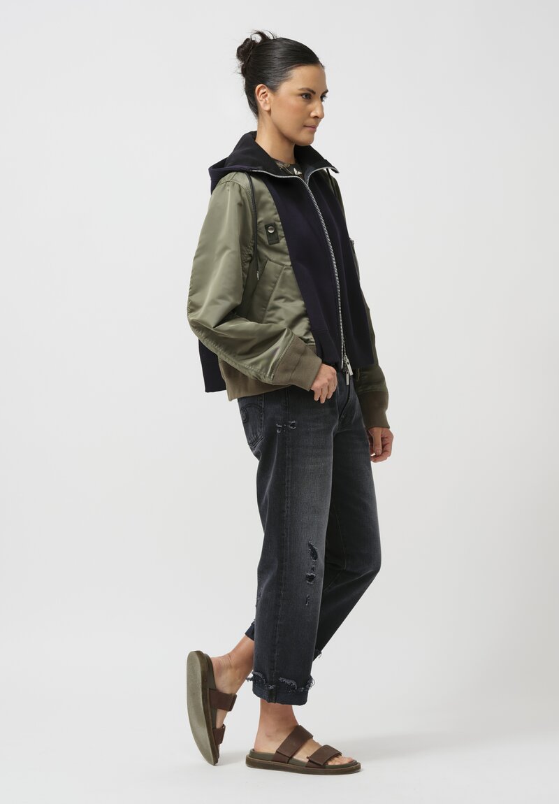 Sacai Sponge Sweater x Nylon Twill Hoodie in Olive Green