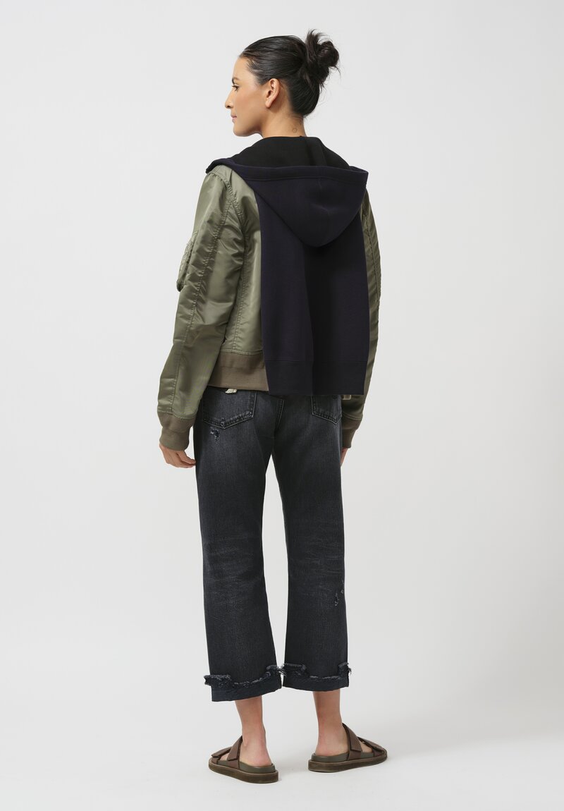 Sacai Sponge Sweater x Nylon Twill Hoodie in Olive Green