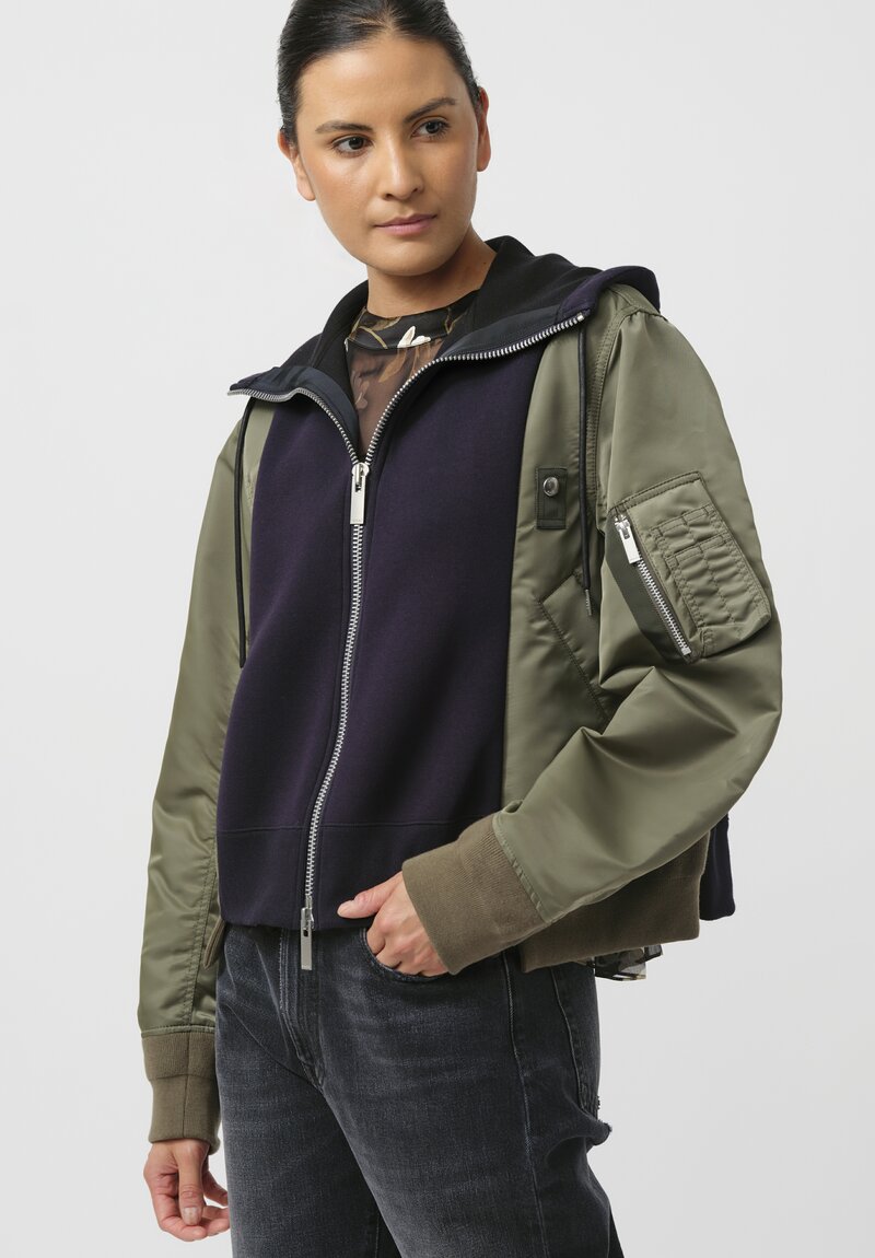 Sacai Sponge Sweater x Nylon Twill Hoodie in Olive Green