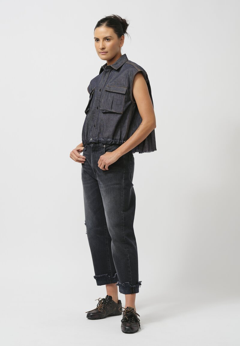 Sacai Pleated-Back Denim Button-Down in Navy Blue