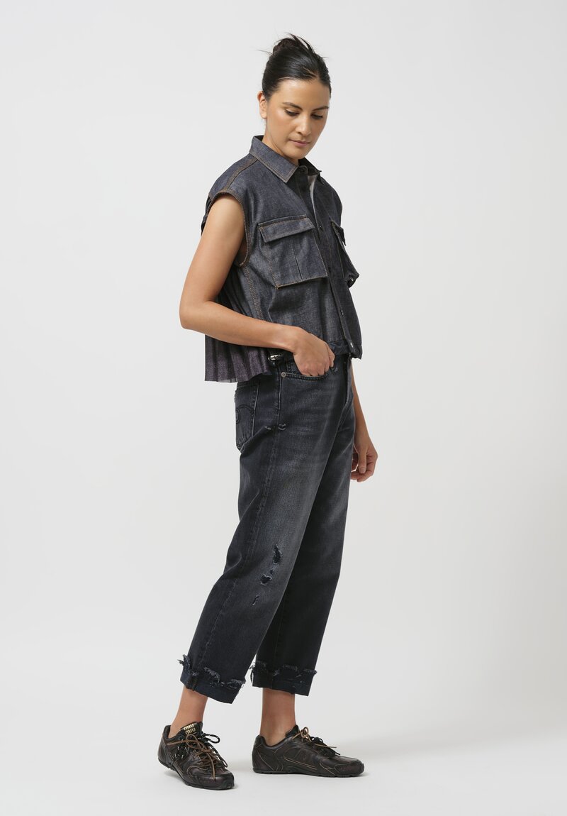 Sacai Pleated-Back Denim Button-Down in Navy Blue