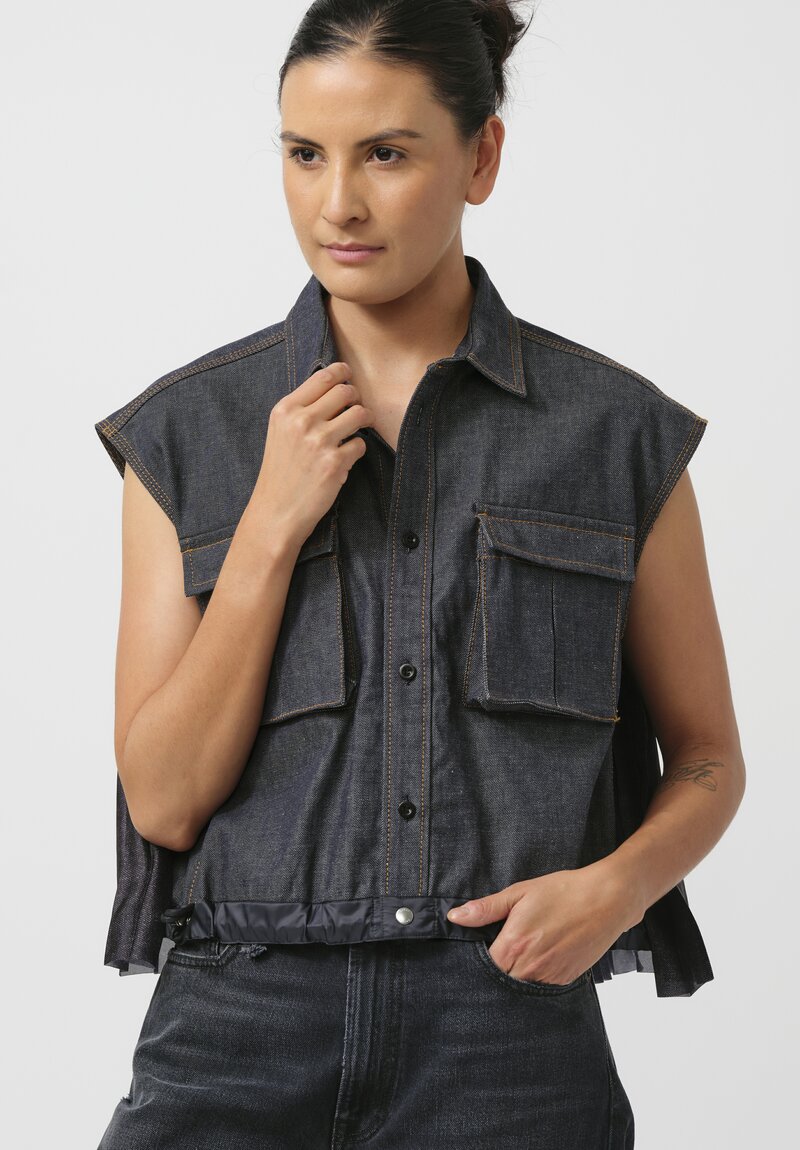 Sacai Pleated-Back Denim Button-Down in Navy Blue