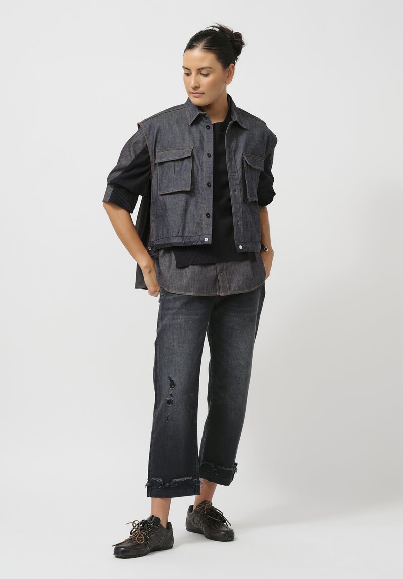 Sacai Pleated-Back Denim Button-Down in Navy Blue