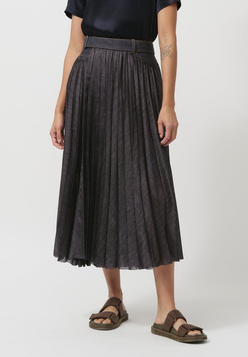 Sacai Denim & Pleated Mesh Skirt in Navy Blue