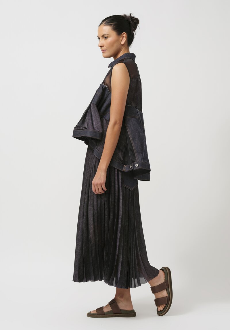 Sacai Denim & Pleated Mesh Skirt in Navy Blue