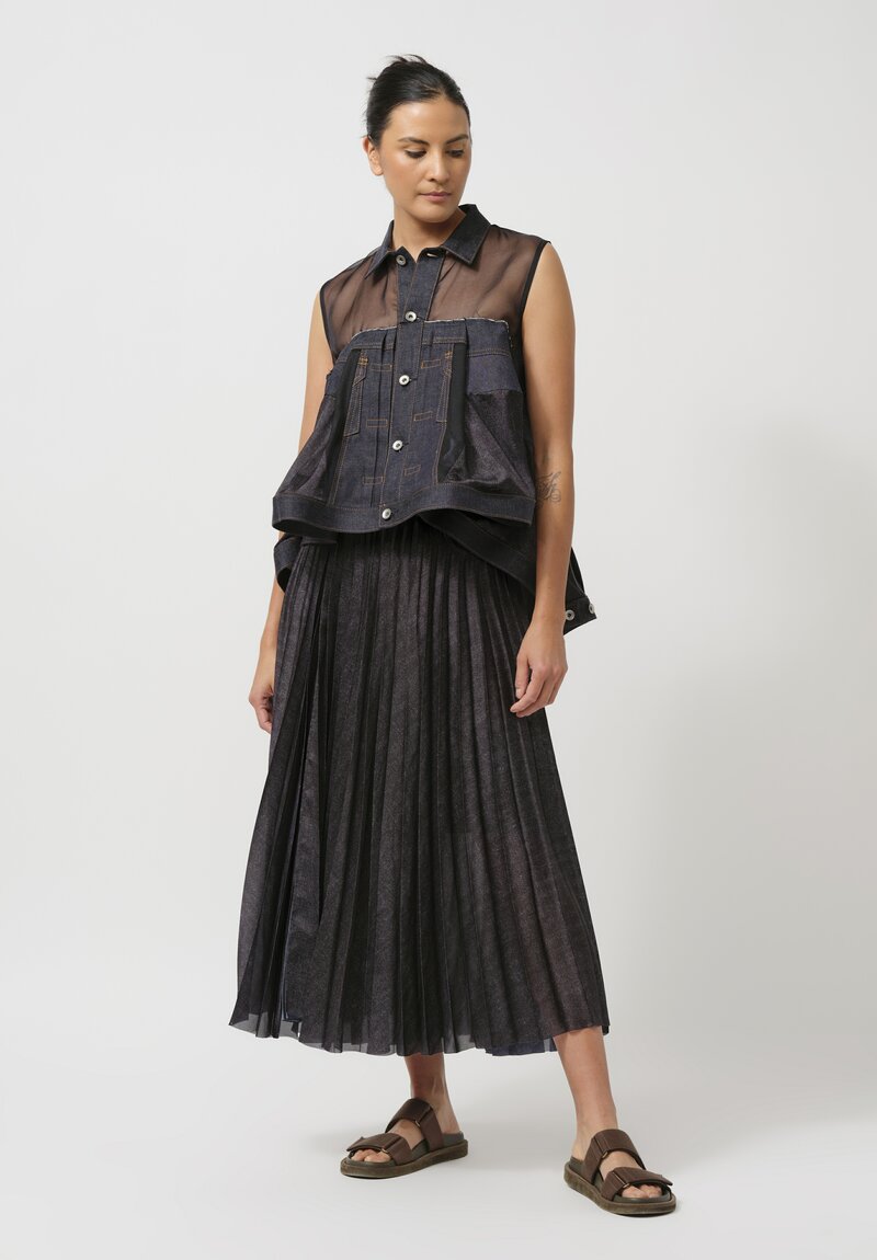 Sacai Denim & Pleated Mesh Skirt in Navy Blue