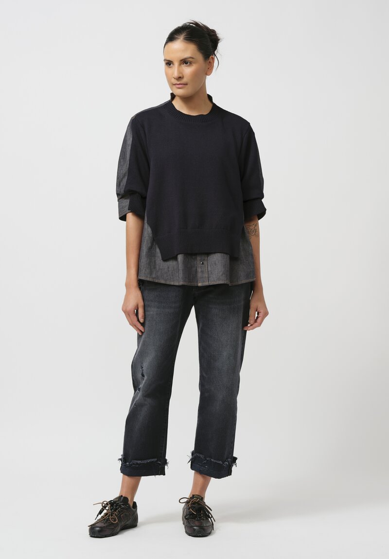 Sacai Knit & Denim Paneled Pullover in Navy Blue