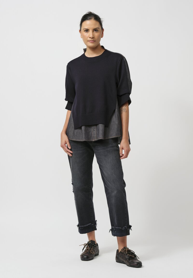 Sacai Knit & Denim Paneled Pullover in Navy Blue