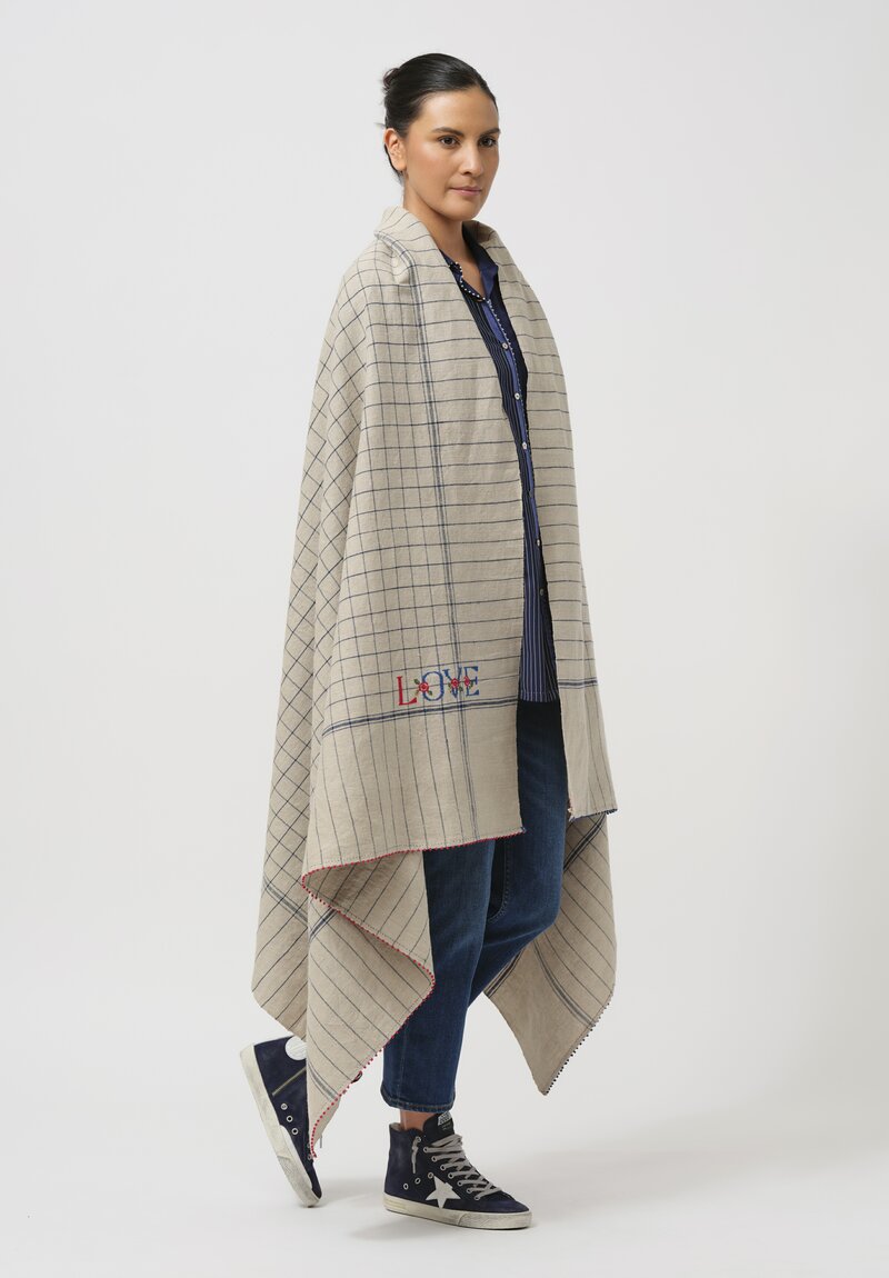 Péro Embroidered Love Cotton Scarf in Blue Windowpane Plaid