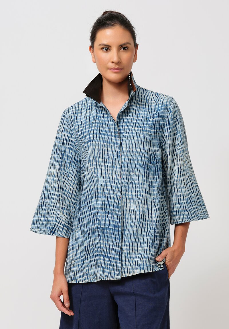 Sophie Hong Linen Button-Down Shirt in Indigo Shibori