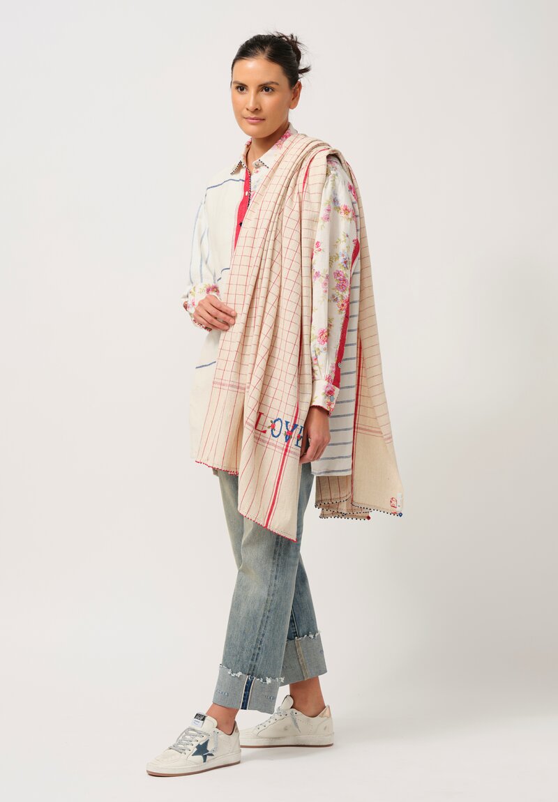 Pero Striped Cotton Embroidered Love Scarf Red & Taupe