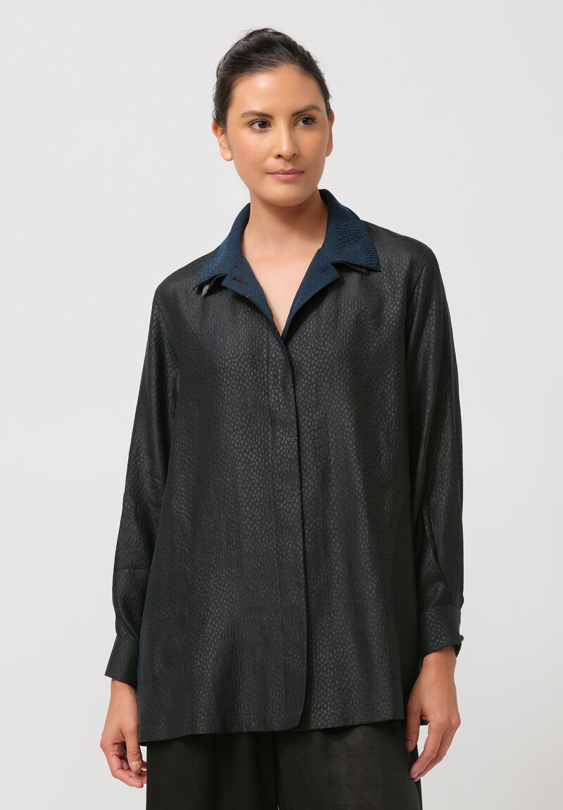 Sophie Hong Pebble Embossed Mud Silk Button-Down Shirt in Indigo