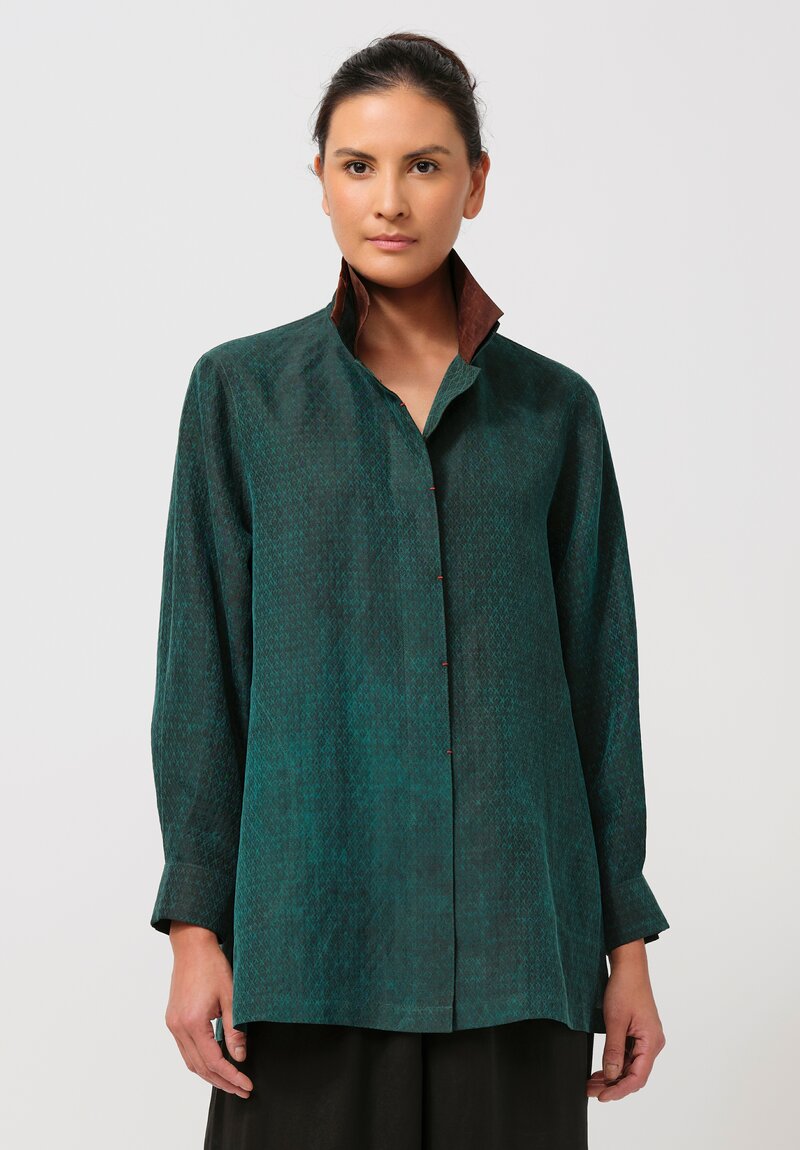 Sophie Hong Diamond Embossed Mud Silk Button-Down Shirt in Emerald