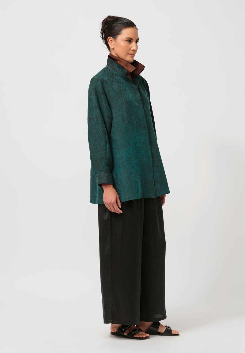 Sophie Hong Diamond Embossed Mud Silk Button-Down Shirt in Emerald