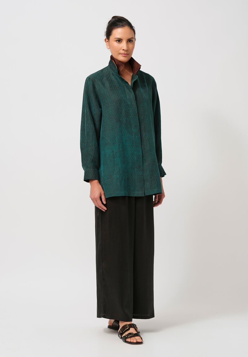 Sophie Hong Diamond Embossed Mud Silk Button-Down Shirt in Emerald