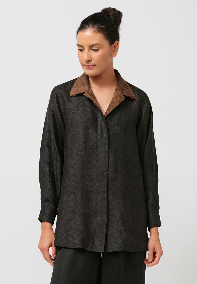 Sophie Hong Pebble Embossed Mud Silk Button-Down Shirt in Coffee