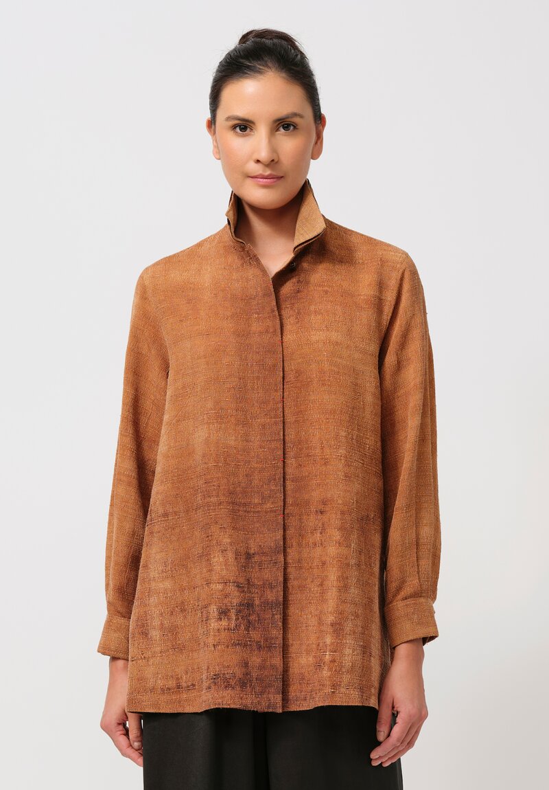 Sophie Hong Raw Silk Button-Down Shirt in Coffee