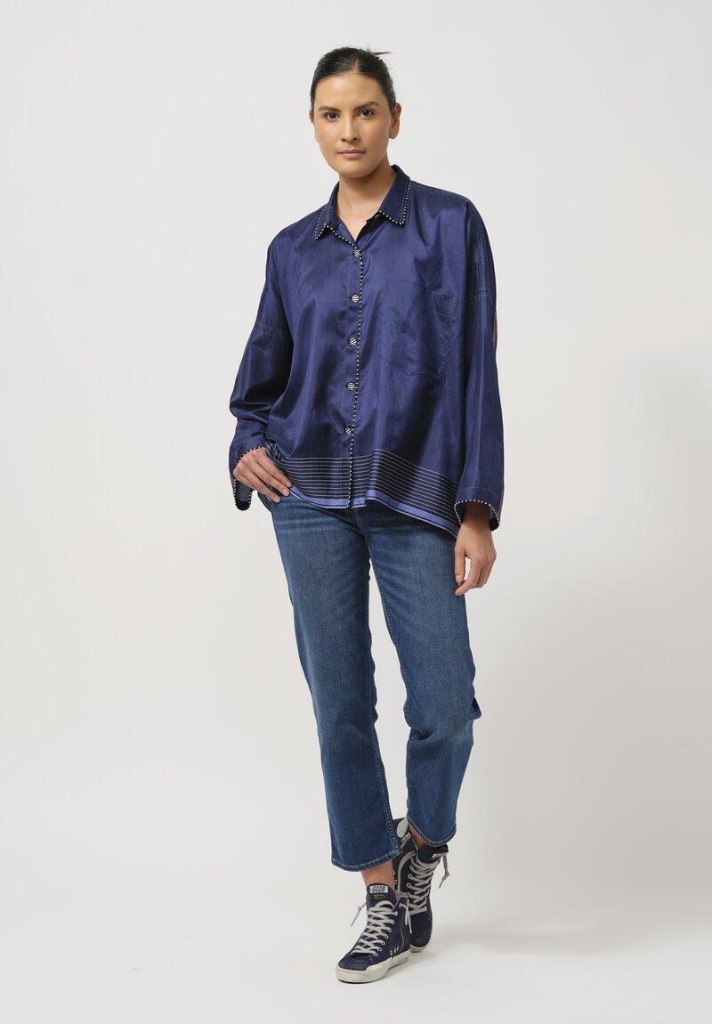 Péro Silk Button-Down Shirt in Navy Blue