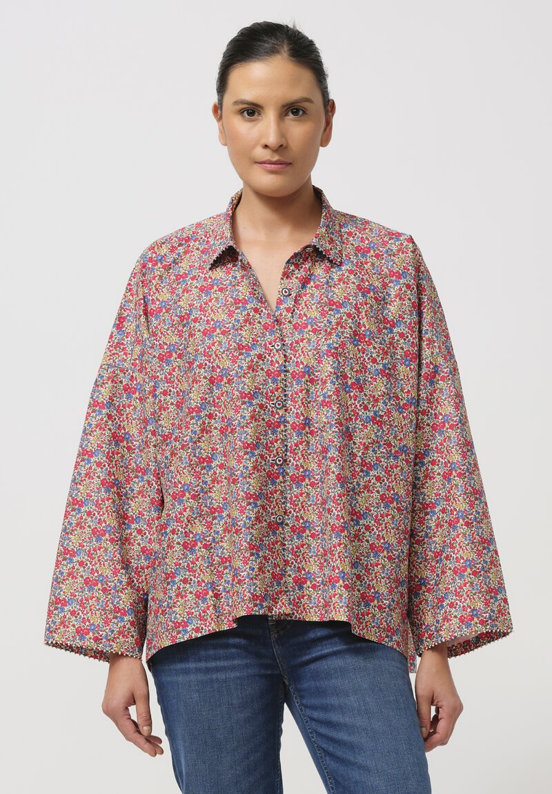 Péro Cotton Button-Down Shirt in Red Floral