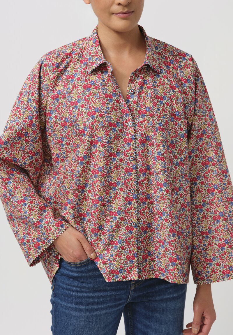 Péro Cotton Button-Down Shirt in Red Floral