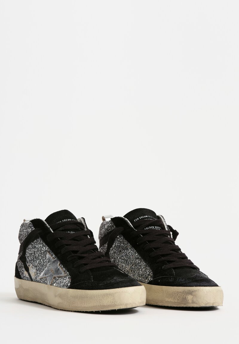 Golden Goose Glitter & Suede Mid Star Sneakers in Black & Silver