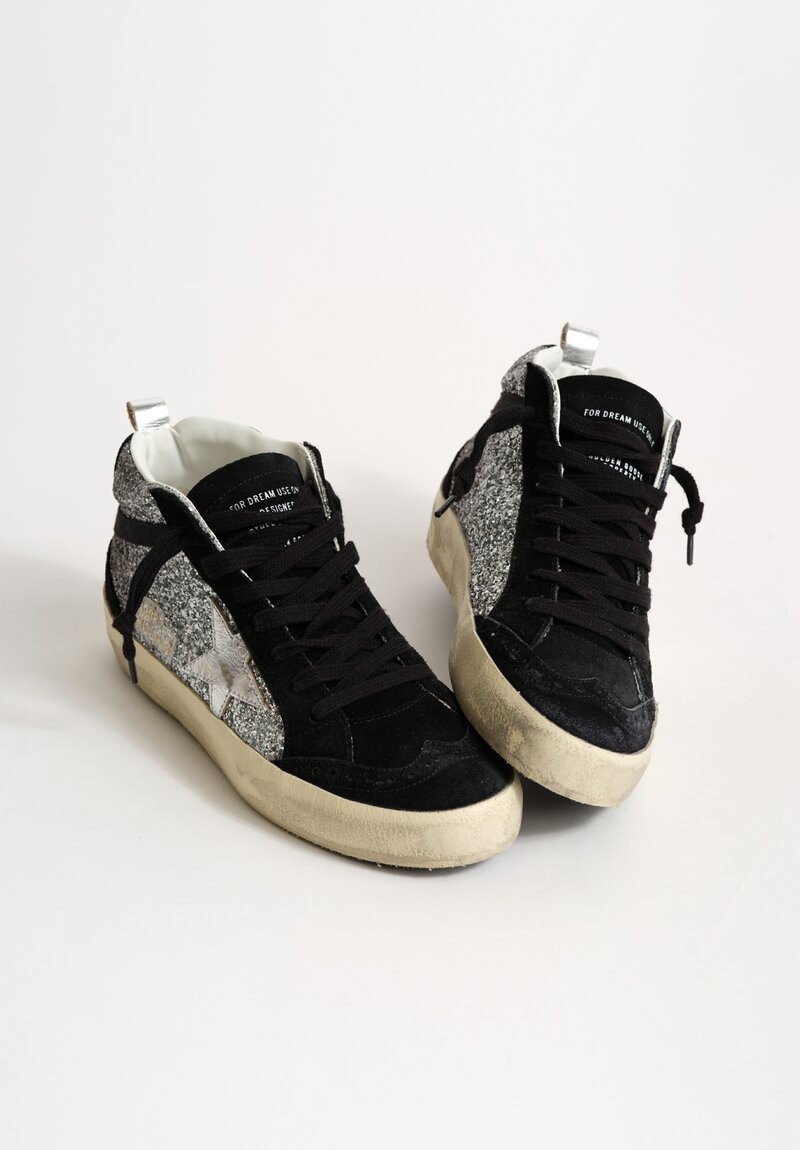 Golden Goose Glitter & Suede Mid Star Sneakers in Black & Silver