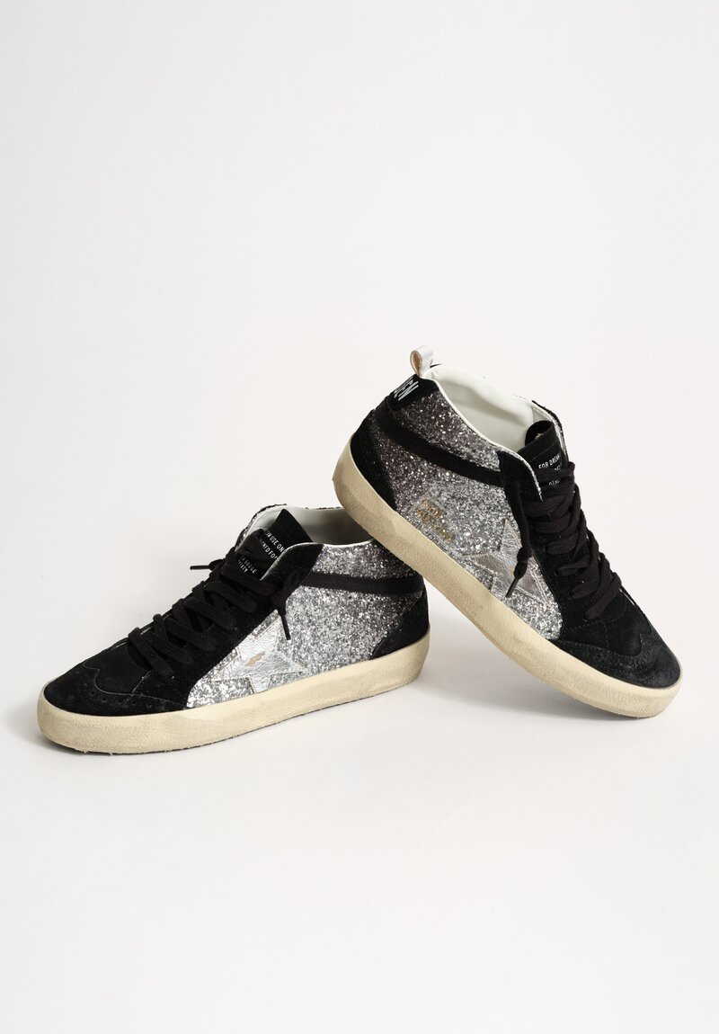 Golden Goose Glitter & Suede Mid Star Sneakers in Black & Silver