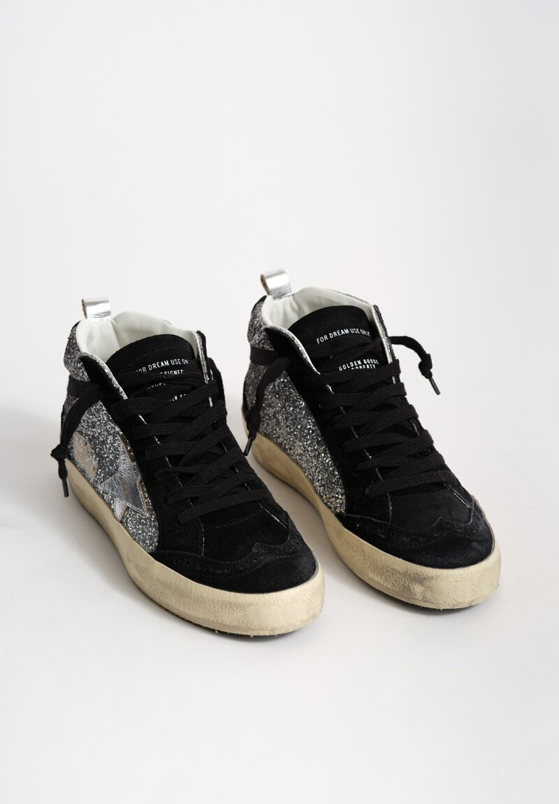 Golden Goose Glitter & Suede Mid Star Sneakers in Black & Silver